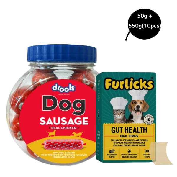 Furlicks Gut Health Supplement and Drools Real Chicken Sausage Treats Combo for Dogs Discount