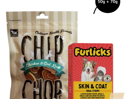 Furlicks Skin & Coat Supplement and Chip Chops Chicken and Codfish Rolls Treats Combo for Dogs Cheap