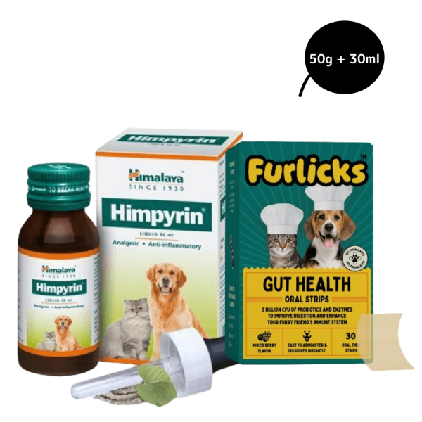 Furlicks Gut Health Supplement and Himalaya Himpyrin Anti Inflammatory & Pain Relief Drops Combo for Dogs and Cats For Sale