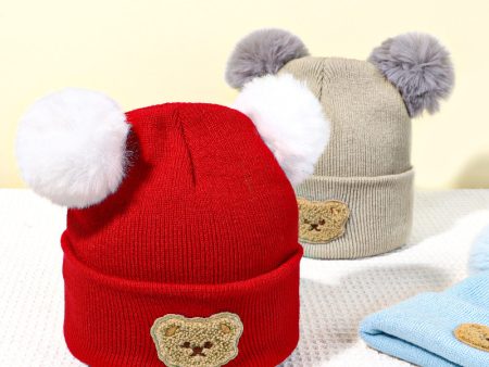 Wholesale Children s Fur Ball Knitted Hat Bear Embroidered Warm Woolen Hat Discount