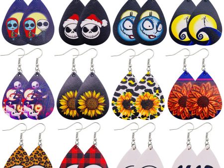 Wholesale Horror Christmas Skull Print Water Droplet Shaped PU Leather Earrings Sale