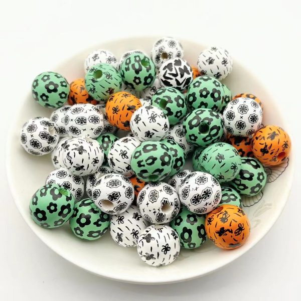 Wholesale 10pcs Flower Printed Wooden Beads Fashion