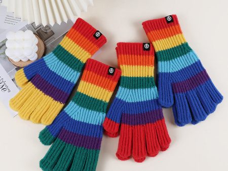 Wholesale Winter Rainbow Striped Knitted Fingerless Gloves Alpaca Warm Touch Screen Gloves Sale