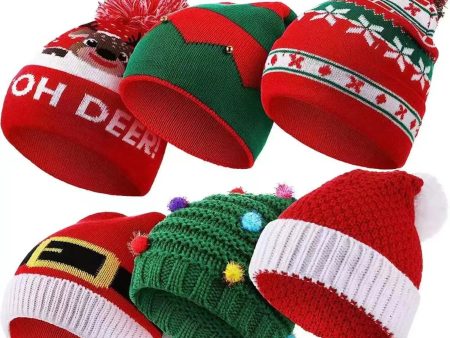 Wholesale Christmas Snowman Elk Christmas Tree Hair Ball Knitted Hat LED Colorful Dazzling Light Woolen Hat Supply