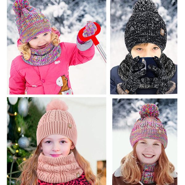 Wholesale Fur Ball Hat Scarf Gloves Winter Children s Fleece Warm Knitted Suit For Sale