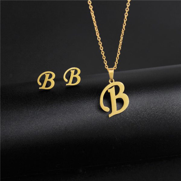 Wholesale Stainless Steel 26 Letter Necklace Earrings Two Piece Set Fashion