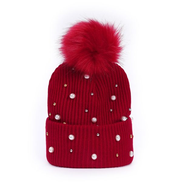 Wholesale Rivet Pearl Woolen Hat Fur Ball Cap Warm Hat Cheap