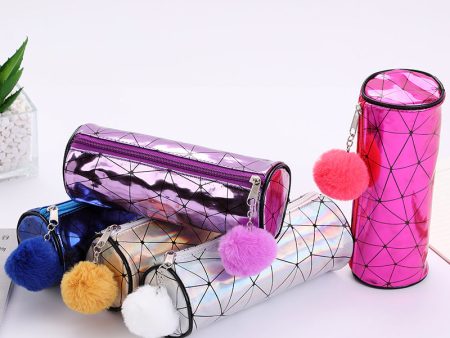 Wholesale Cylindrical Laser Pencil Case with Fur Ball Online Hot Sale