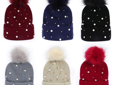 Wholesale Rivet Pearl Woolen Hat Fur Ball Cap Warm Hat Cheap