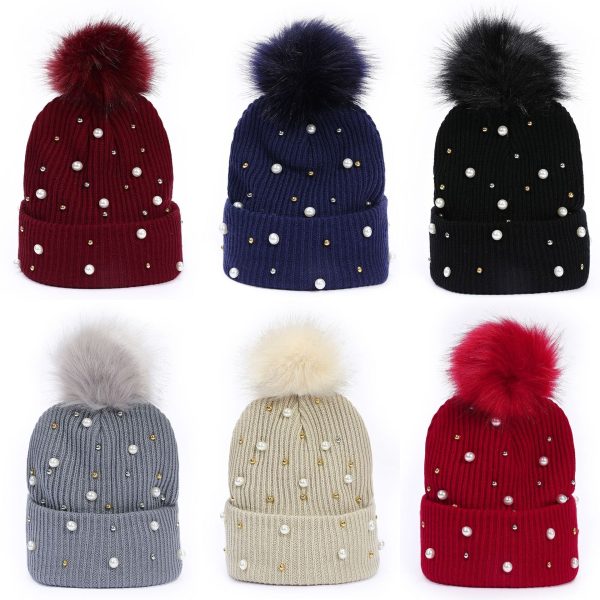 Wholesale Rivet Pearl Woolen Hat Fur Ball Cap Warm Hat Cheap