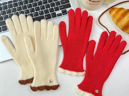 Wholesale Winter Warm Knitted Five-finger Touch Screen Lace Contrasting Color Woolen Gloves Fashion