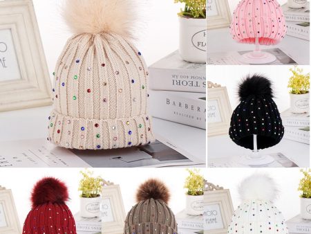 Wholesale Winter Children s Hat Fur Ball Knitted Hat Colorful Diamond Ear Protection Hat Fashion