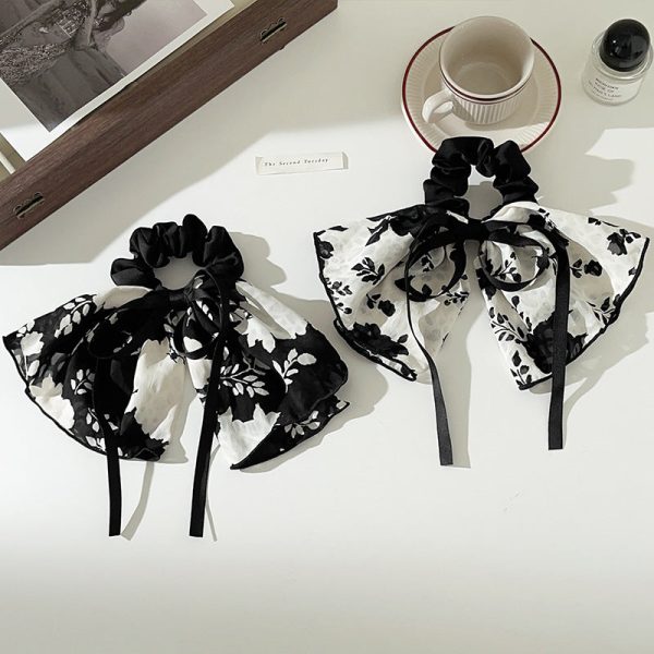 Wholesale Black and White Floral Bow Fabric Large Intestine Hair Tie Fashion