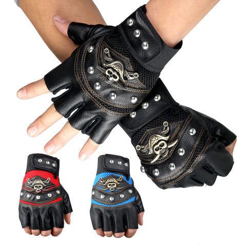 Wholesale Skull Head Rivet Half Finger Leather Gloves Online Hot Sale