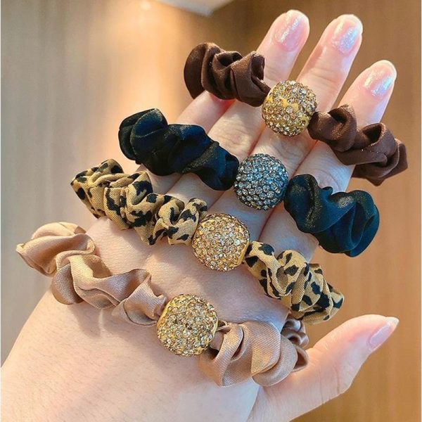 Wholesale Leopard Print Rhinestone Fabric High Elastic Large Intestine Hair Tie on Sale