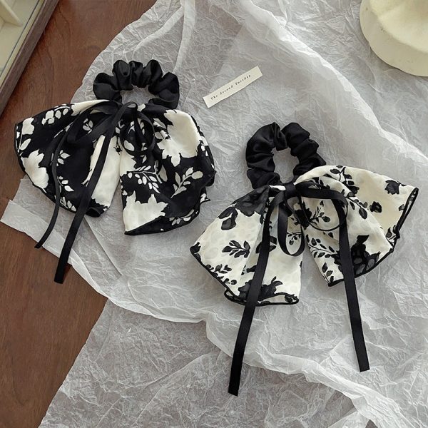 Wholesale Black and White Floral Bow Fabric Large Intestine Hair Tie Fashion