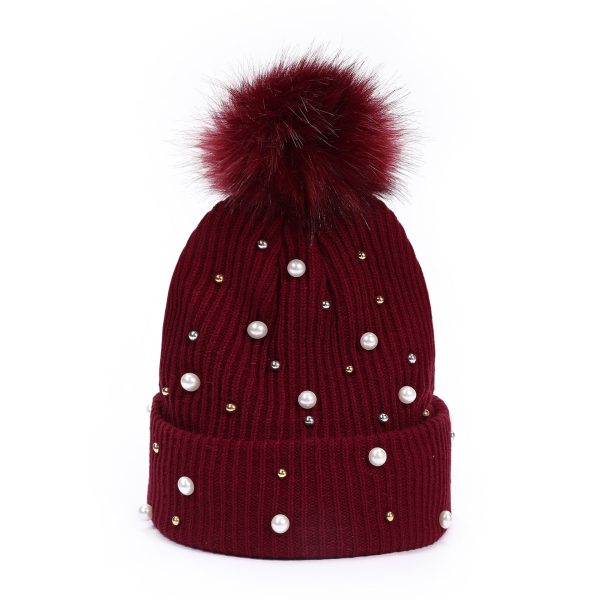 Wholesale Rivet Pearl Woolen Hat Fur Ball Cap Warm Hat Cheap